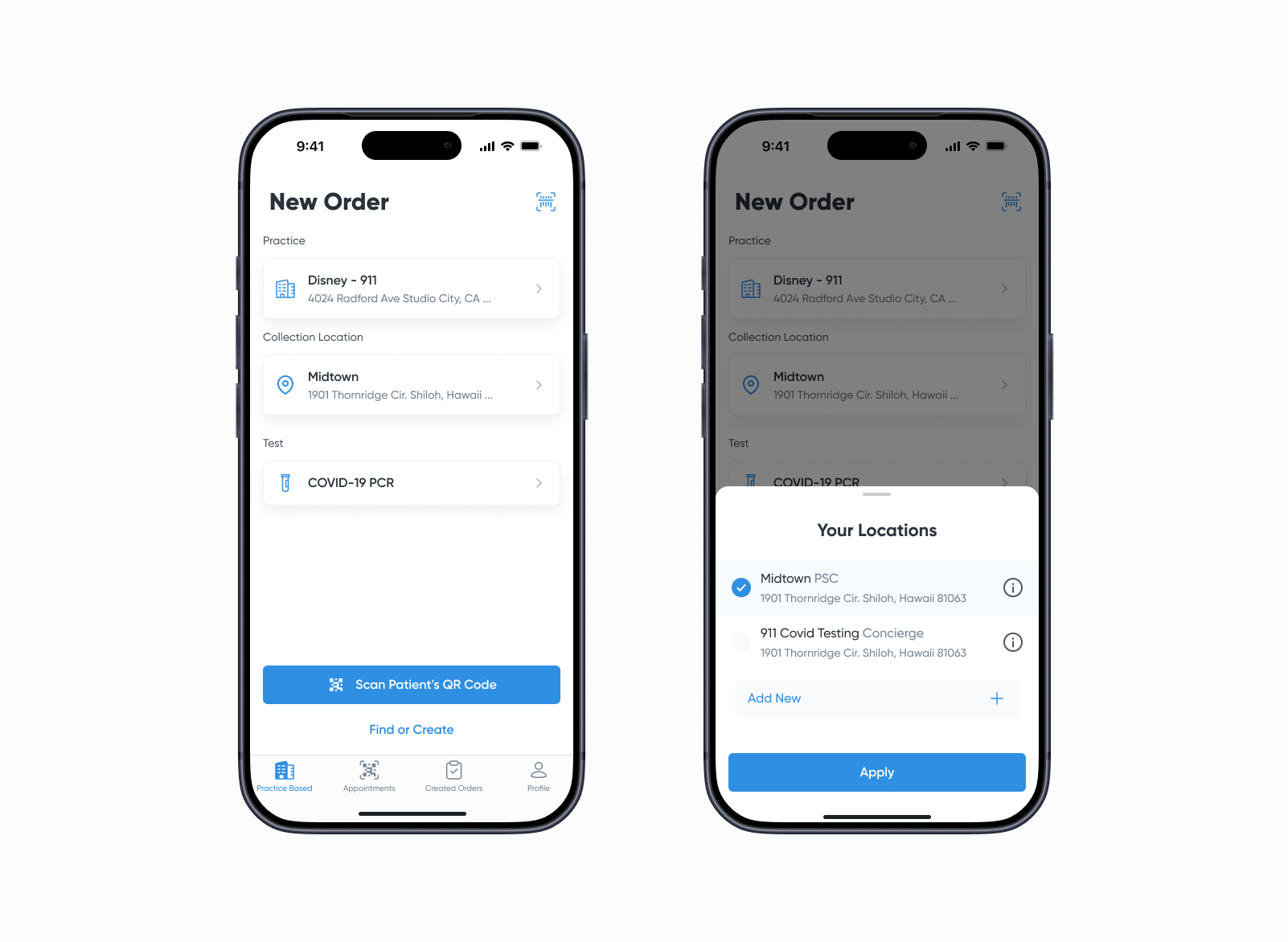 FlowHealth Collector — new order and location picker
