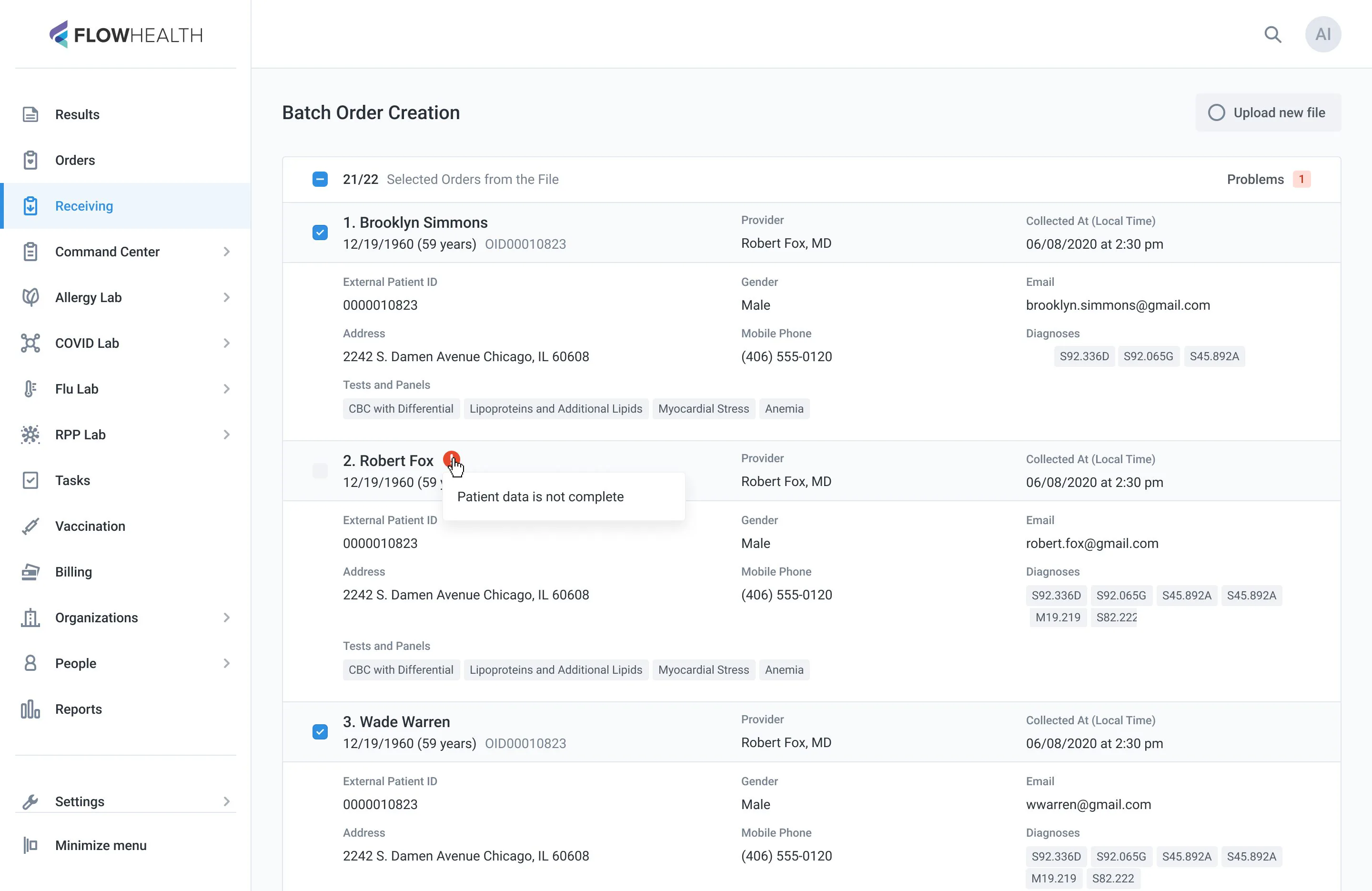 “Patient data is not complete” in a tooltip that doesn’t say what is missing; each row is fixed in its own edit mode