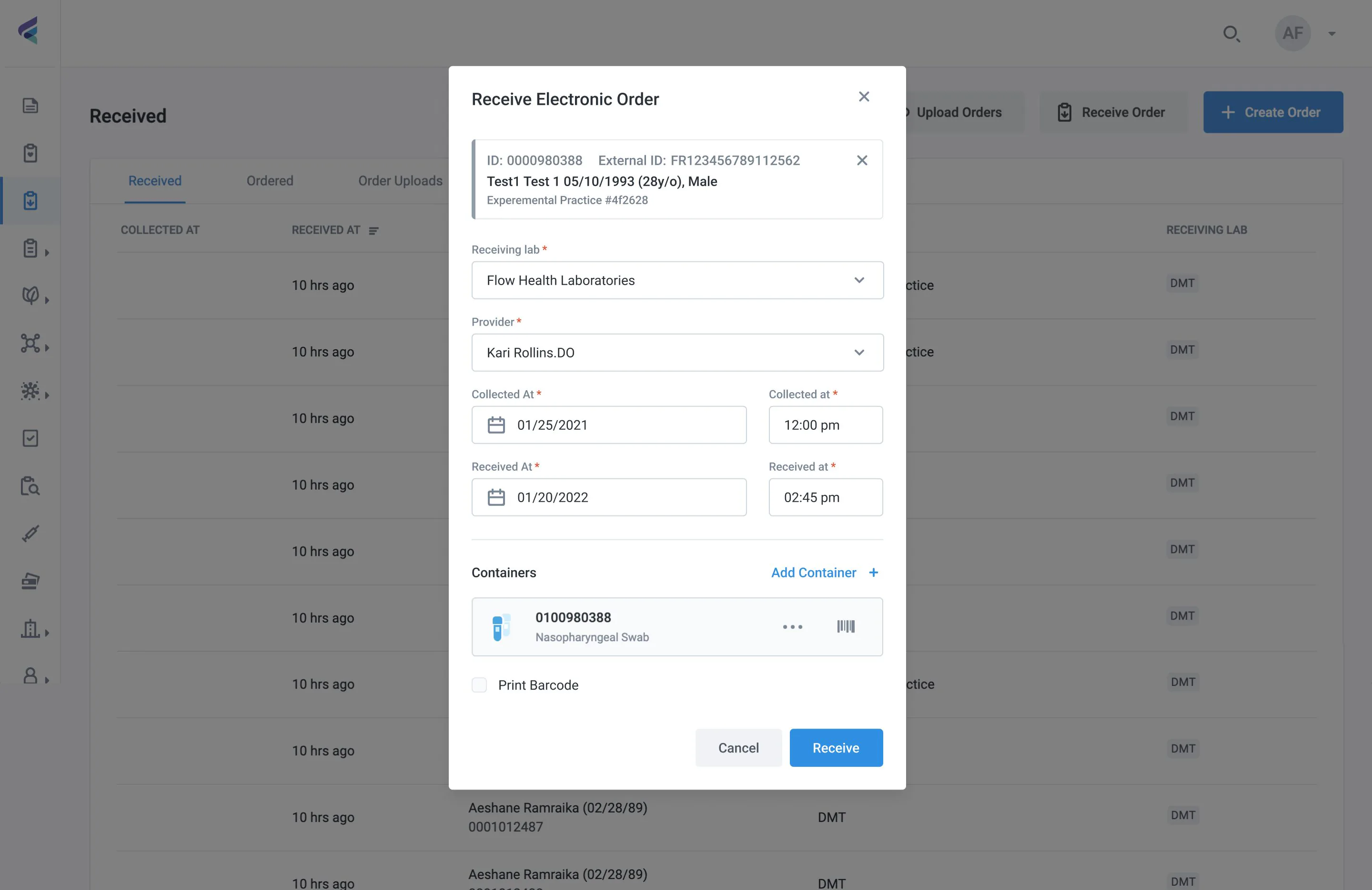 The Receive Electronic Order modal: one generic form for every case, nothing marks what is missing