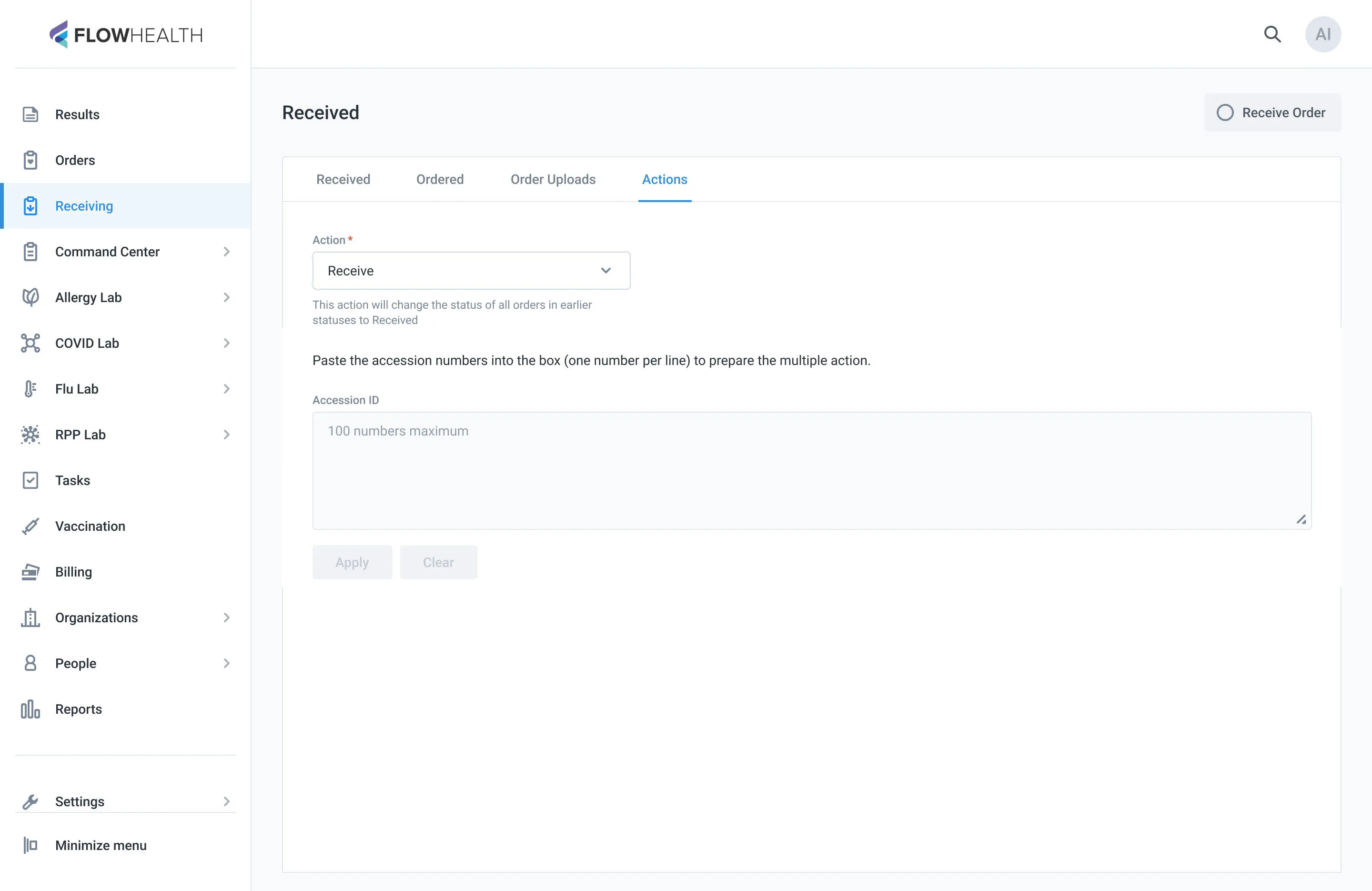 The Receiving › Actions tab: accession numbers pasted as a list and applied at once