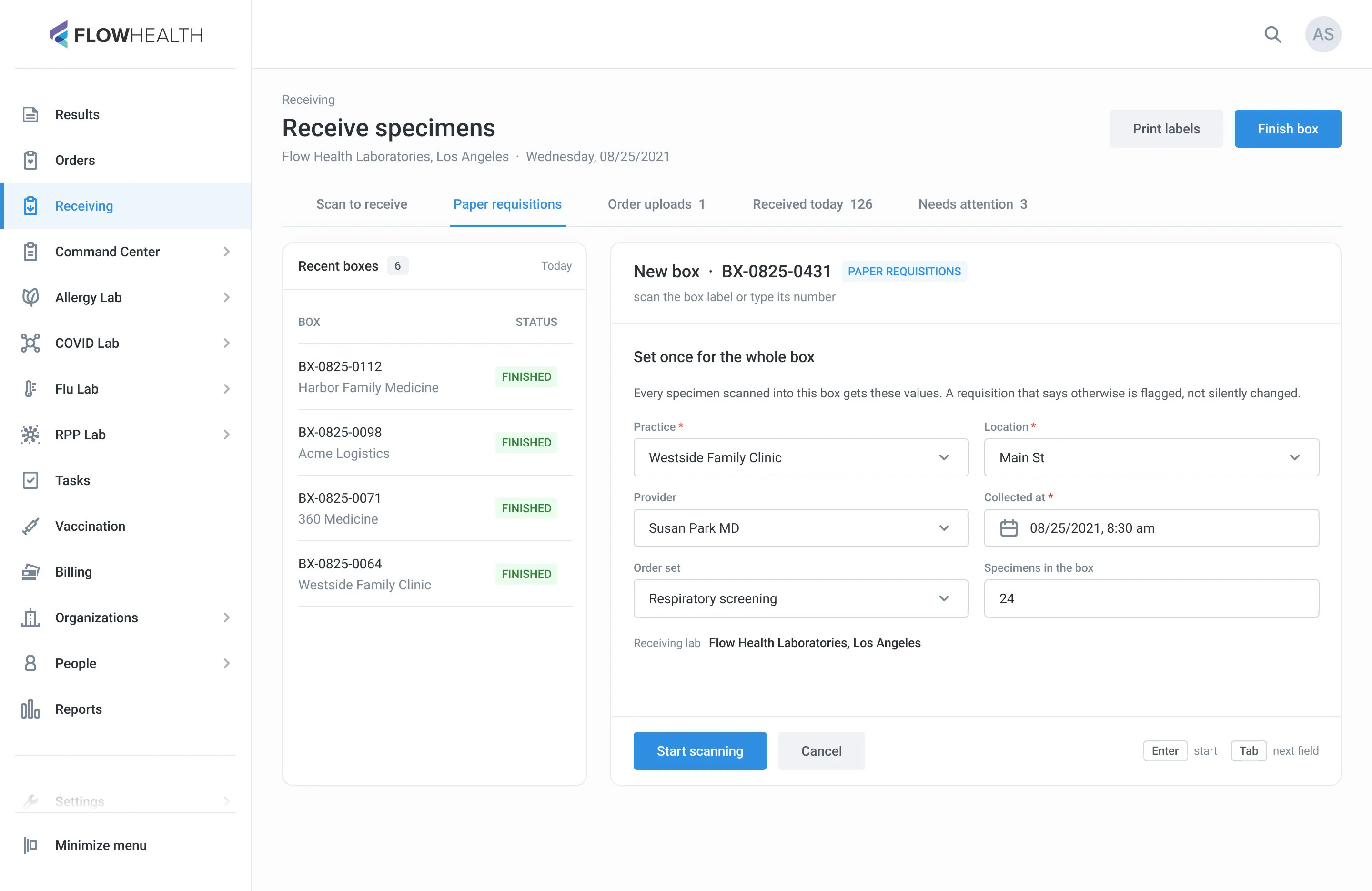 Practice, location, provider and collection time set once for the whole box