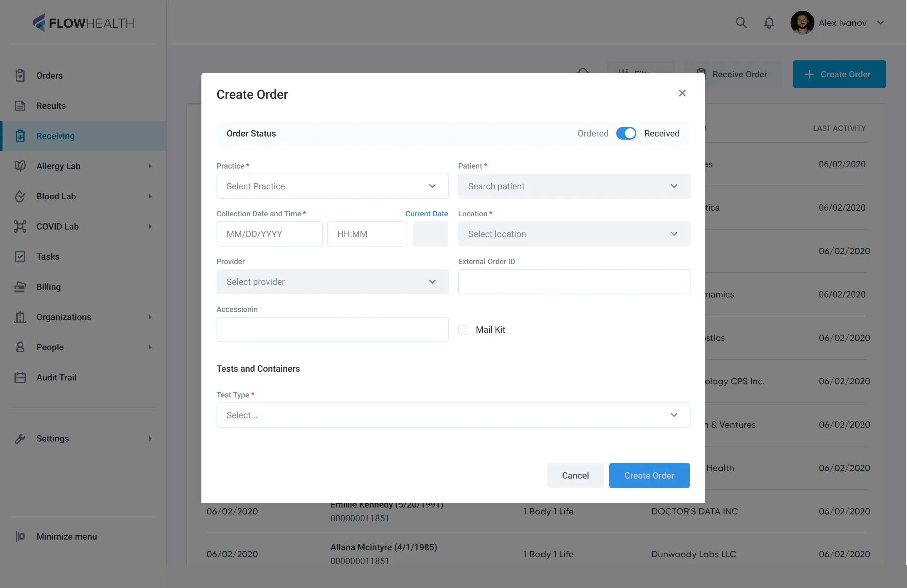 The Create Order modal in its 2020 version