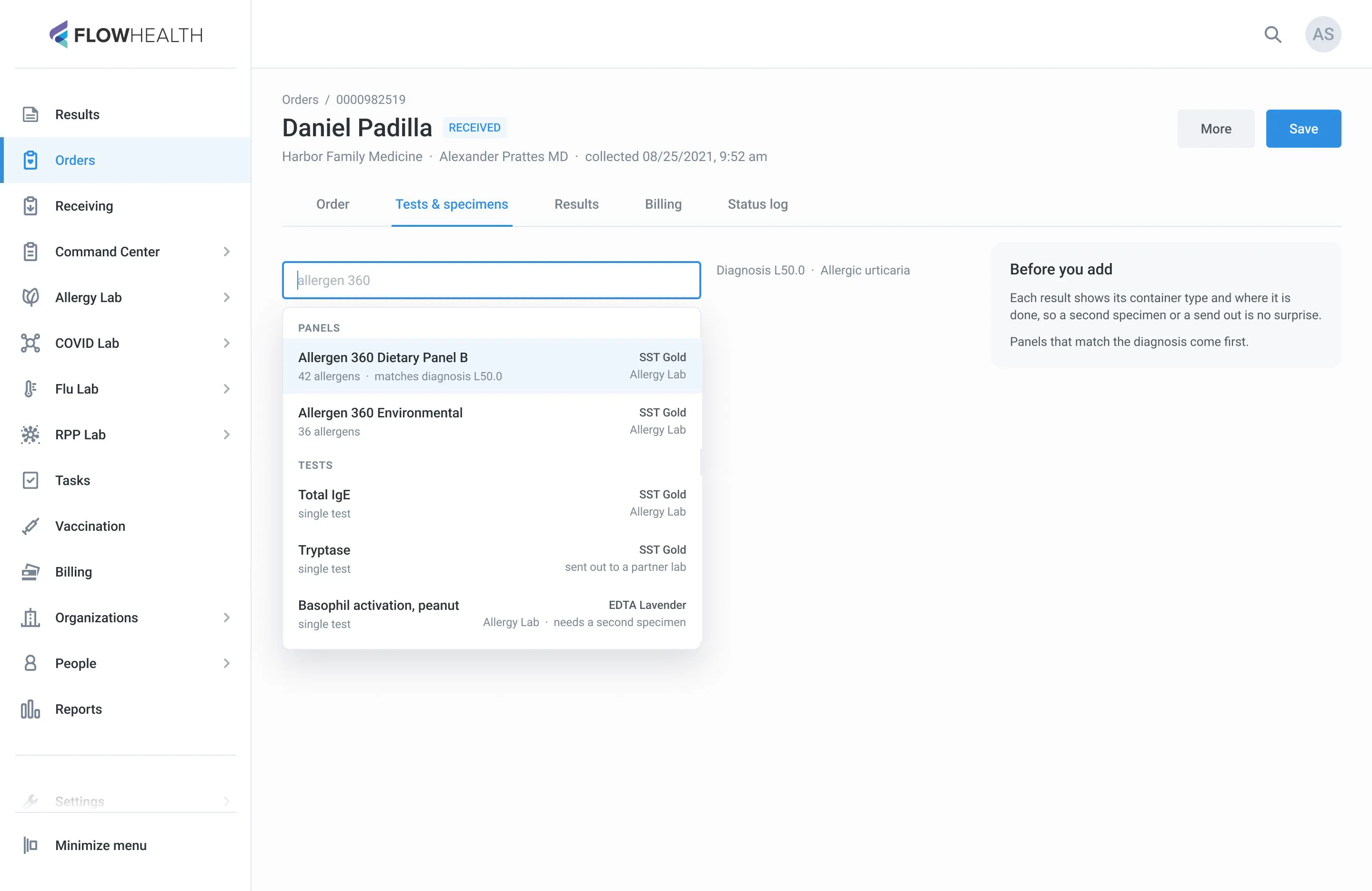 Search results show the container type and the lab for every panel and test
