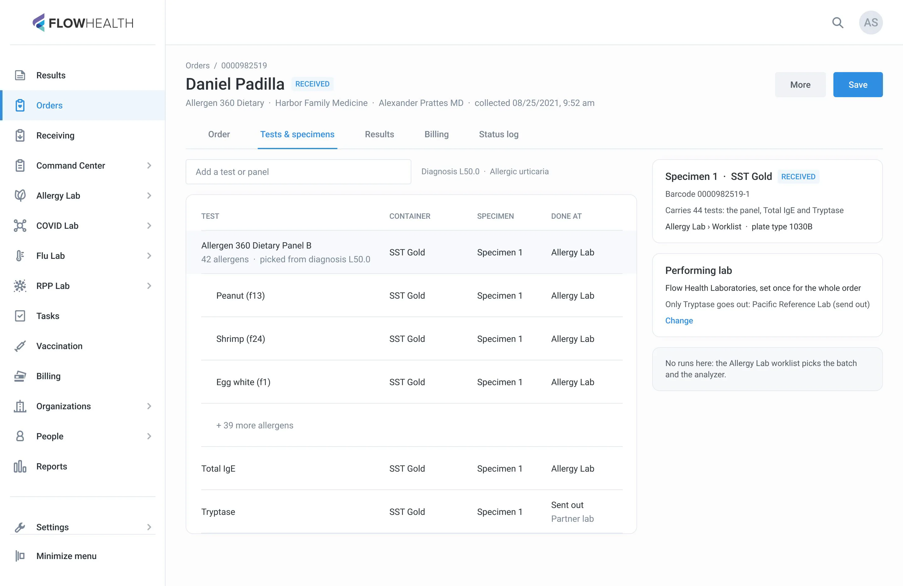 Tests grouped by panel and placed into a specimen automatically; the lab set once per order