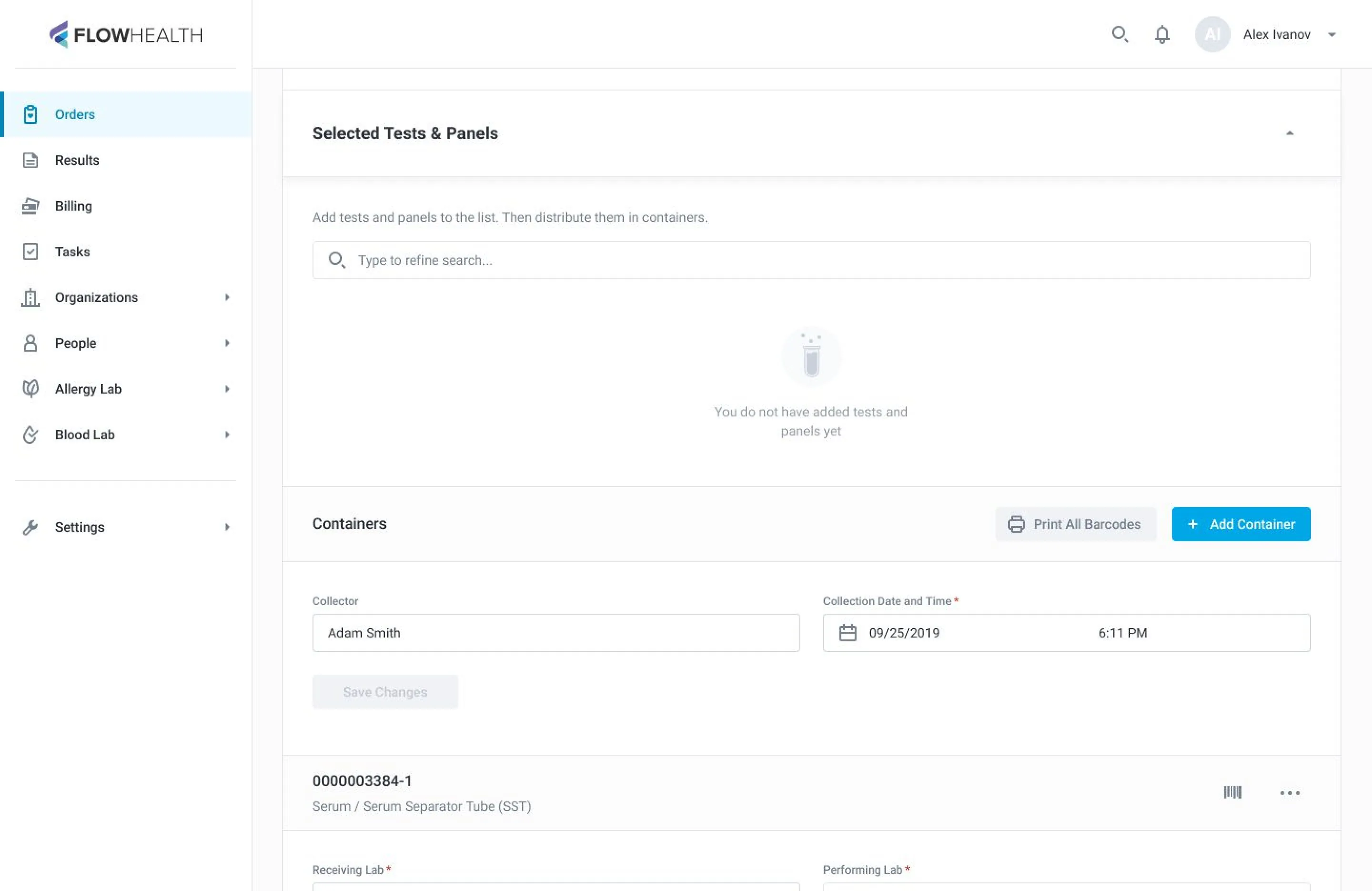 “Add tests and panels to the list. Then distribute them in containers.” Labs picked for every container
