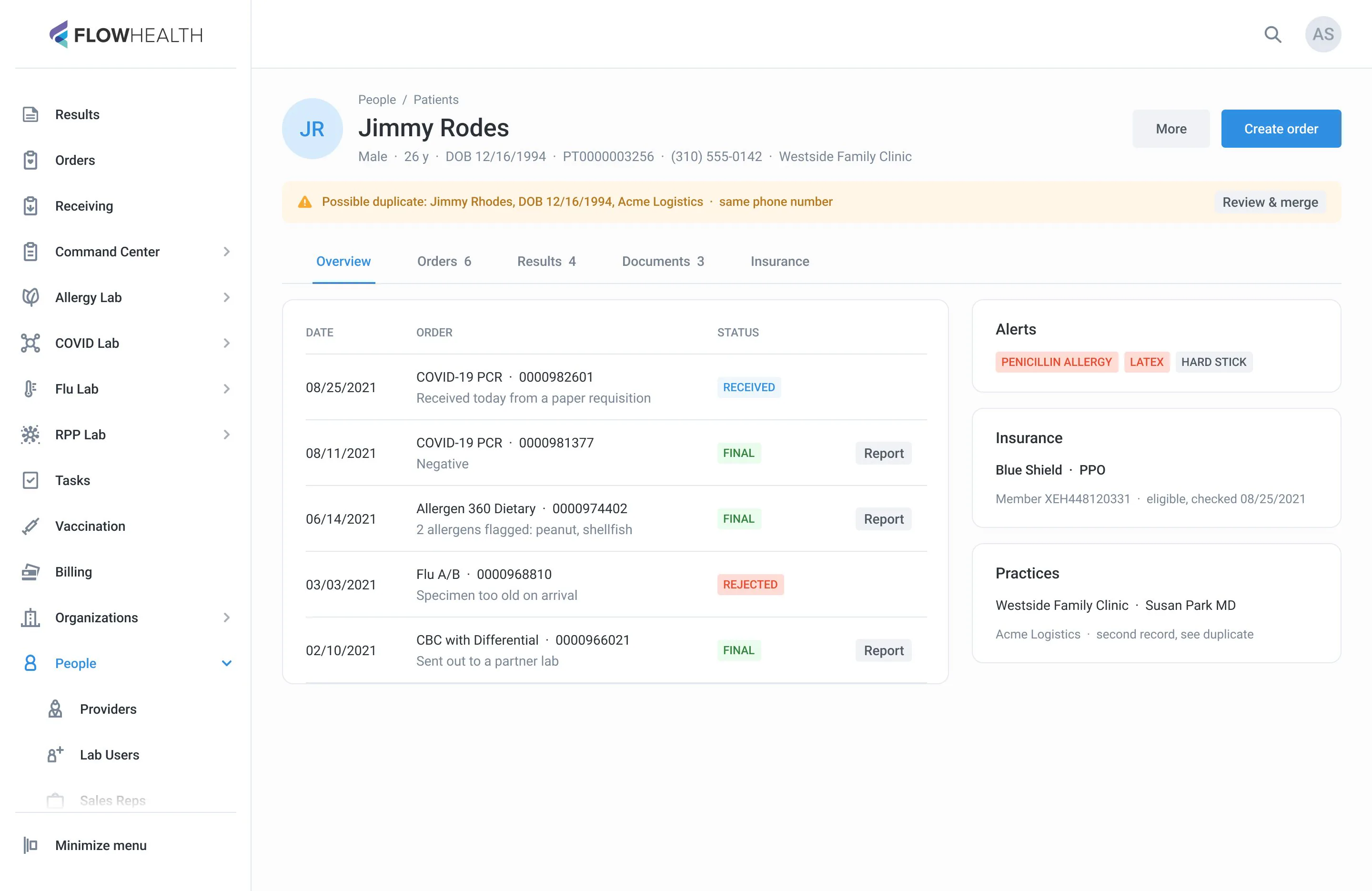Header with ID and practice, duplicate warning, history with small Report buttons