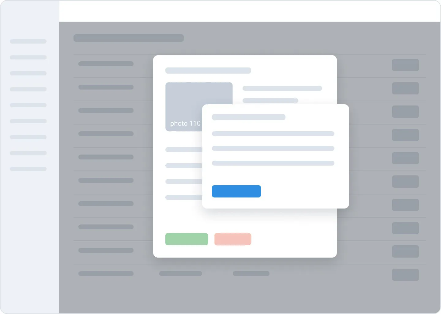 Wireframe: the photo in a small modal over the list, a second modal for the reject reason