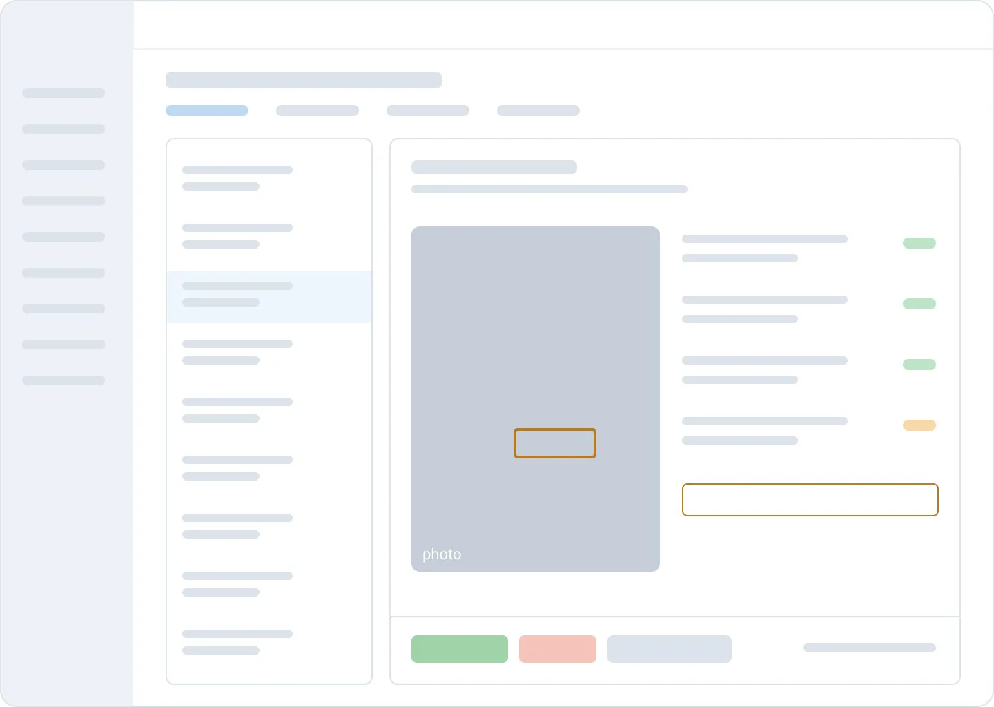 Wireframe: queue on the left, the record with the photo and checks, a decision bar