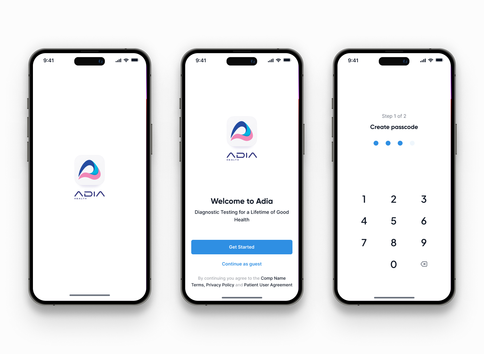 FlowHealth Patient — splash, welcome, passcode