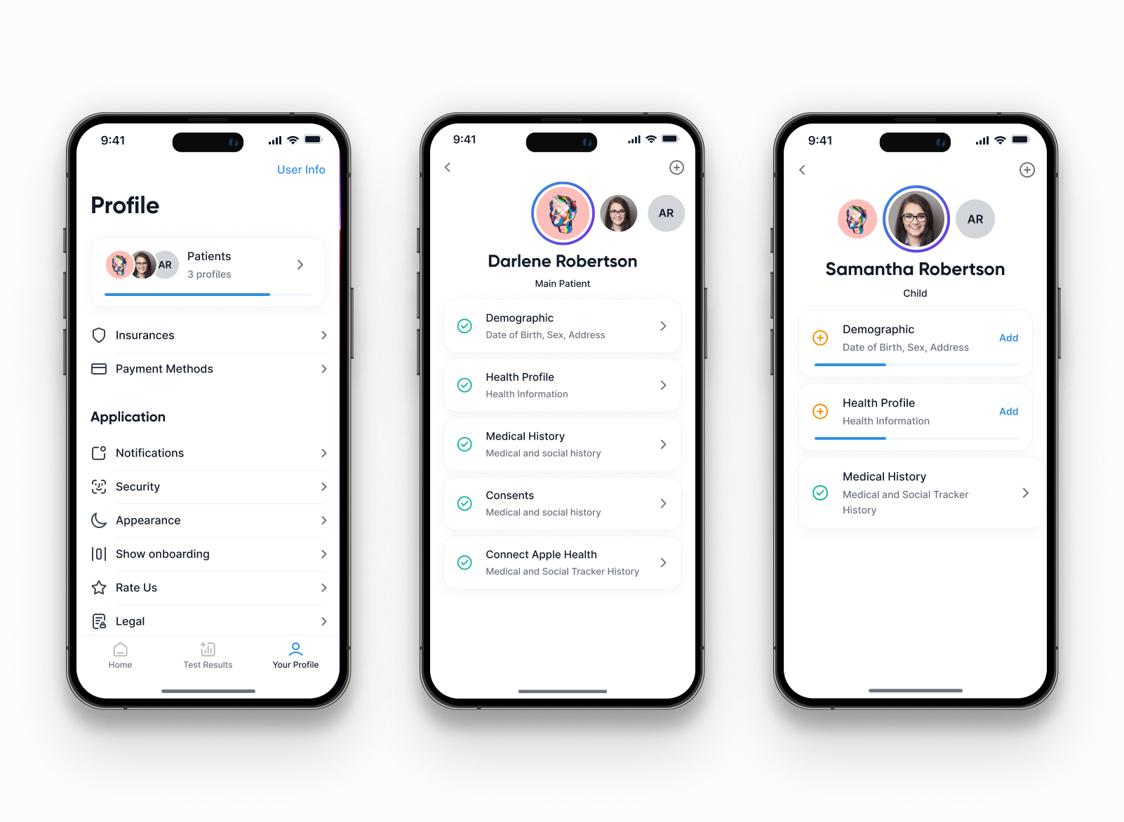 FlowHealth Patient — profile overview with main patient and child