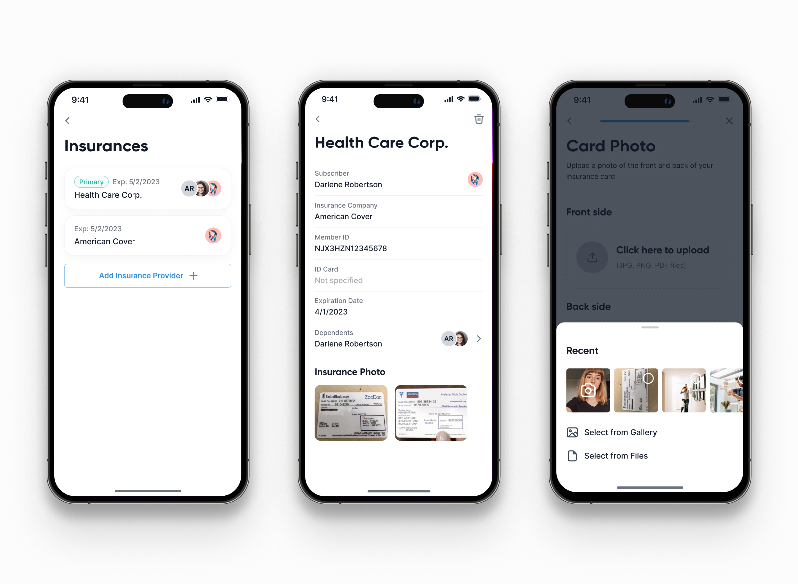 FlowHealth Patient — insurance cards, per-profile, with dependents