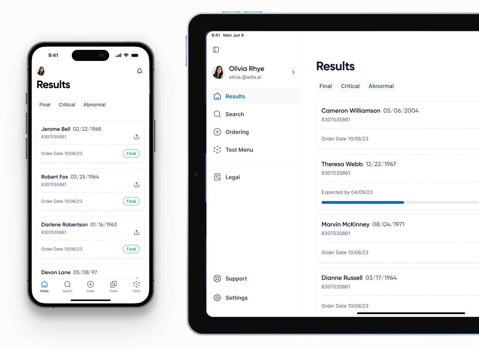 Adia Provider Portal — iPhone and iPad layouts side by side