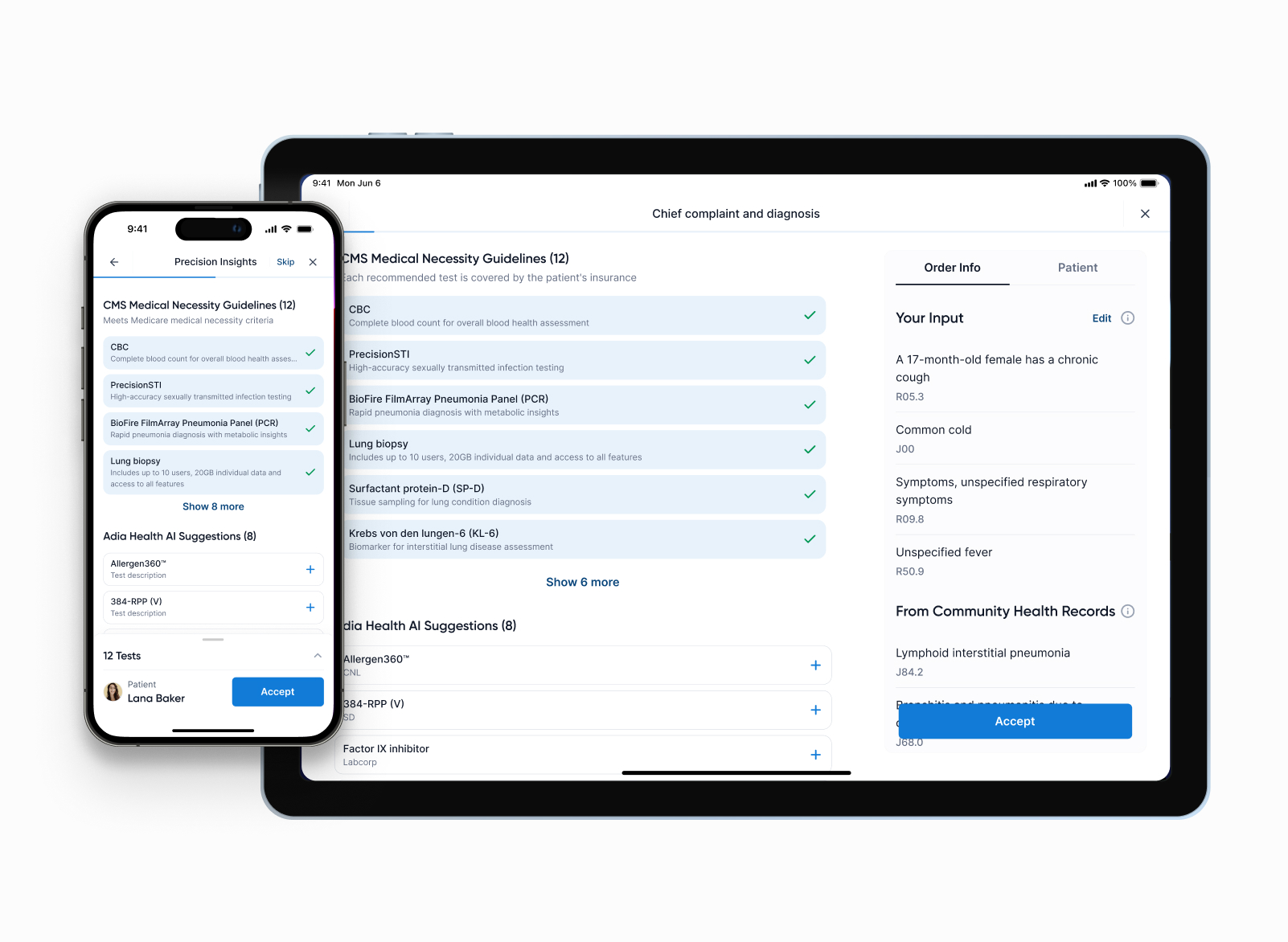 Adia Provider Portal — results list with Final / Critical / Abnormal filters