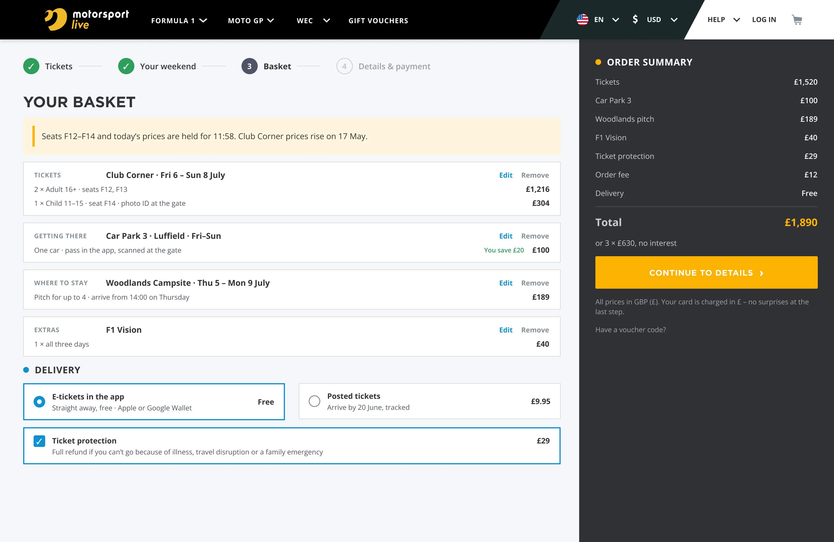 Basket grouped by tickets, parking, stay and extras, with the hold timer, e-ticket delivery, ticket protection and a total that includes every fee