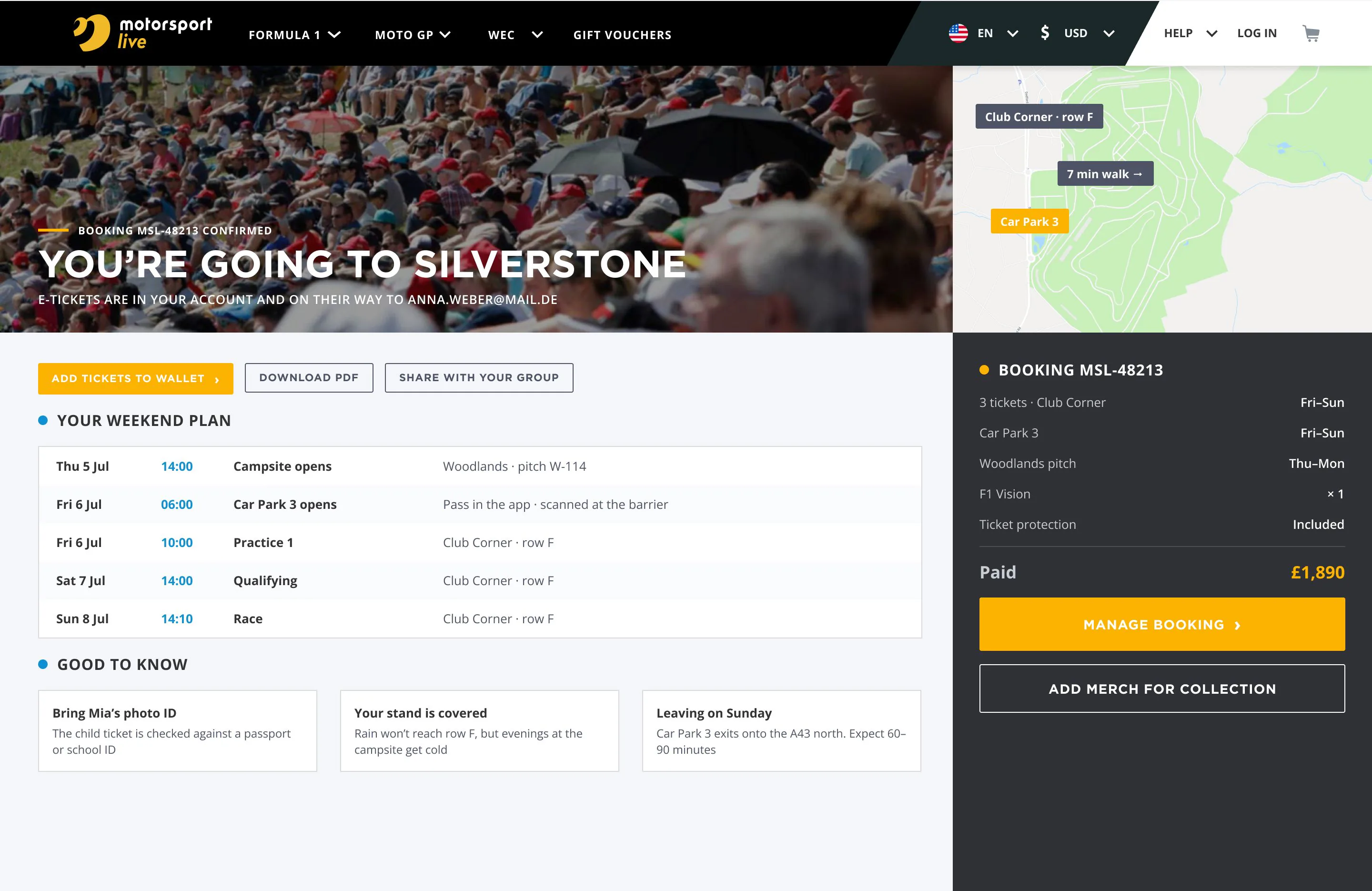Confirmation with wallet buttons and a weekend plan: campsite, car park, sessions and the walk to the seats