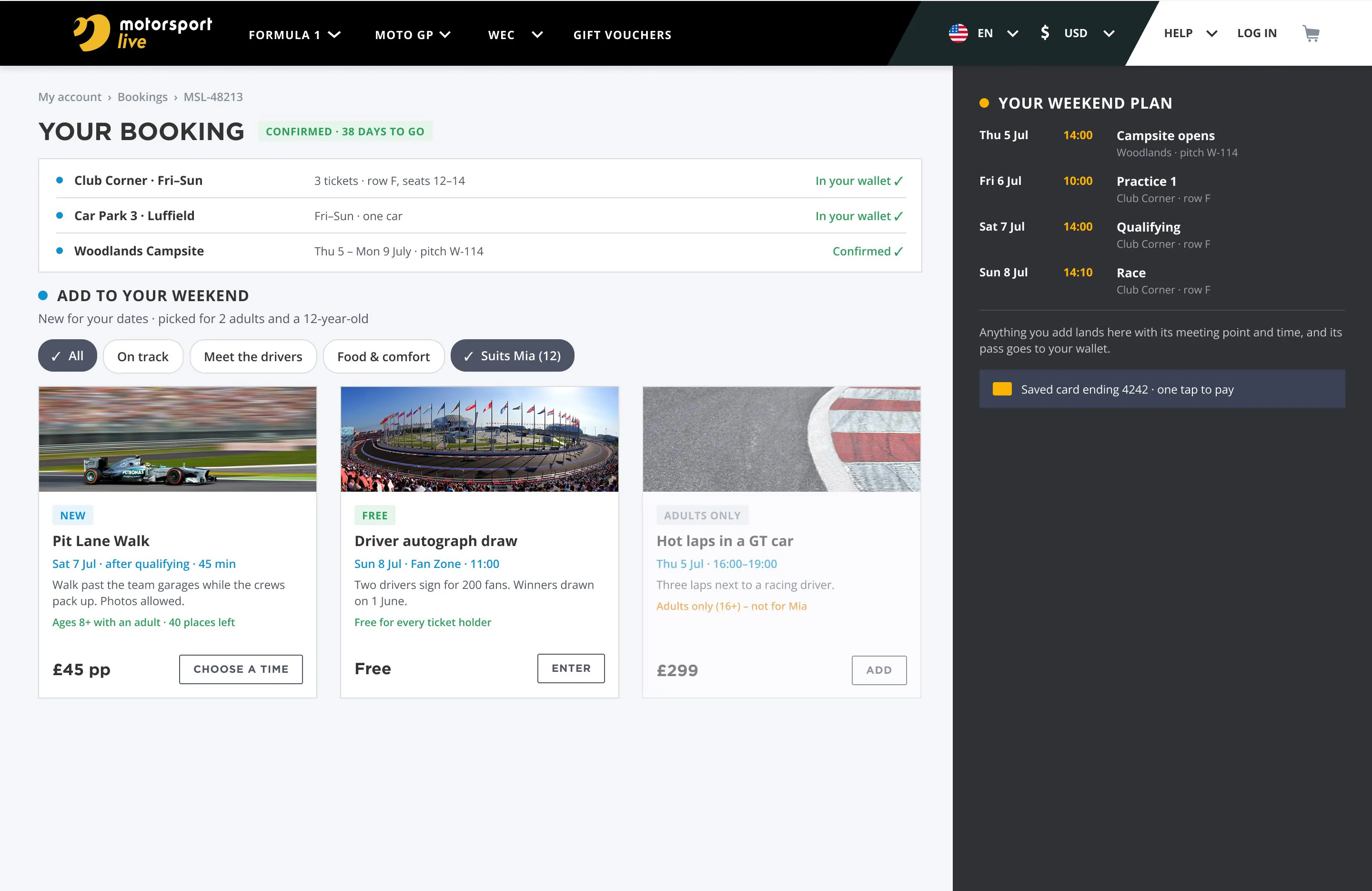 Booking page with experiences filtered for the group’s days and ages; an adults-only experience is marked as not suitable