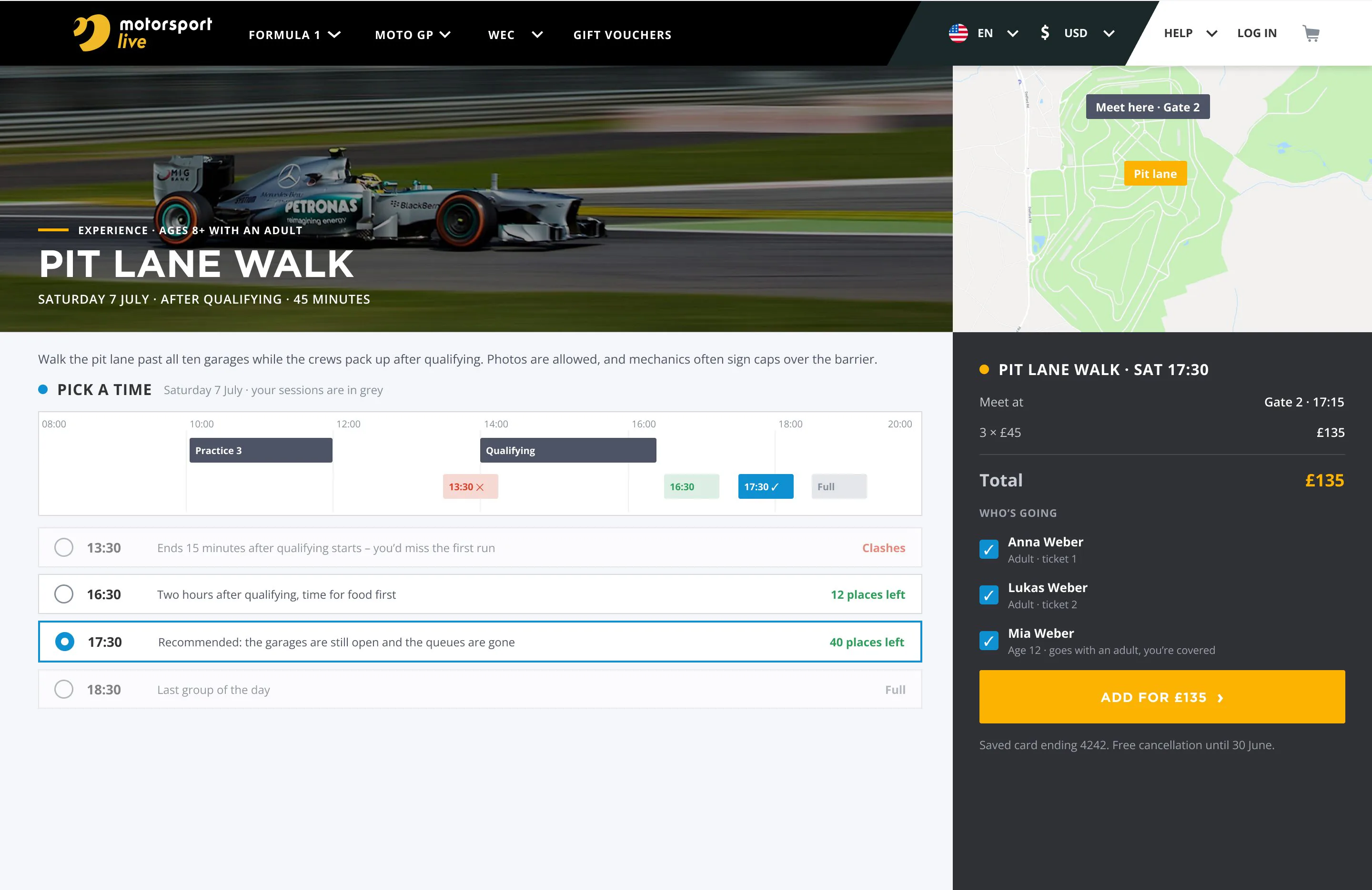 Pit Lane Walk time slots on a timeline next to the user’s sessions; one slot clashes with qualifying