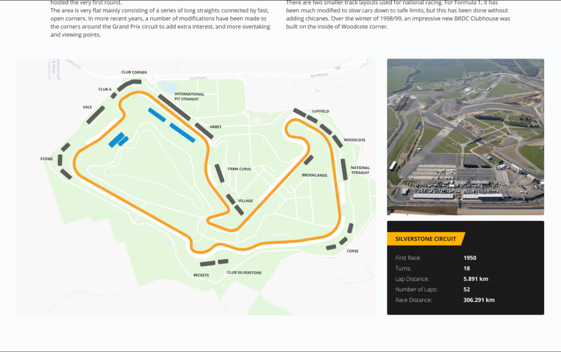 Circuit page: the Silverstone map with the grandstands, a photo from above and the key facts