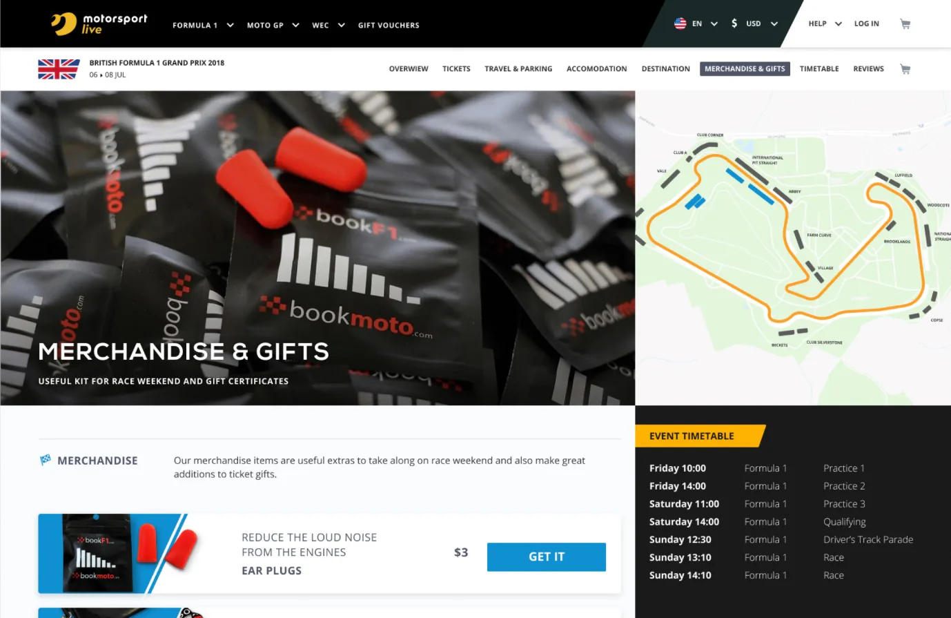 Merchandise page: ear plugs and a ticket lanyard next to the track map and the event timetable