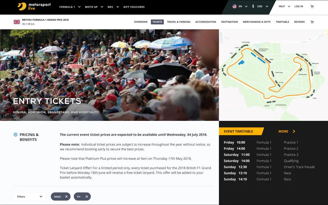 Entry tickets page: price notes, the track map and the weekend timetable