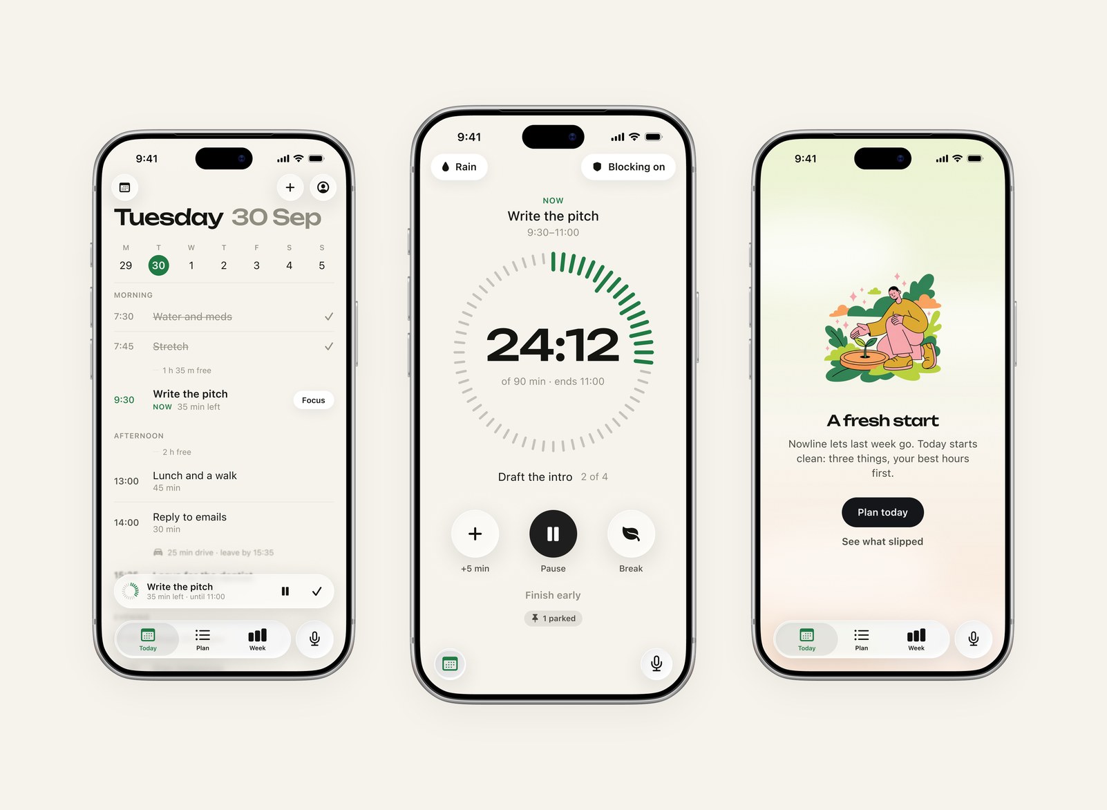 Three iPhone screens of Nowline: the Today timeline, a running 24:12 focus timer and a full-screen moment with an illustration