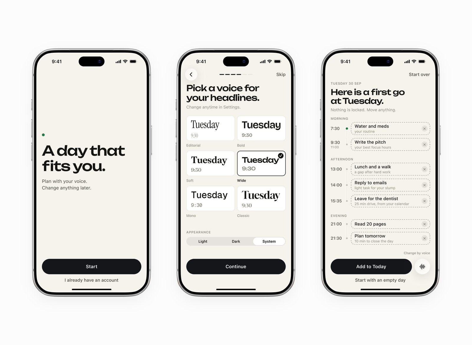 Onboarding screens: welcome, a grid of six typeface themes, and a proposed plan for Tuesday