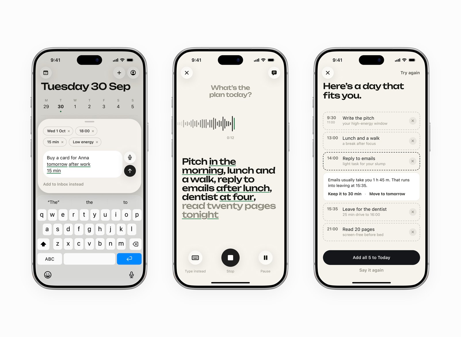 Quick add over the keyboard with parsed chips, a live voice transcript and an AI-proposed day