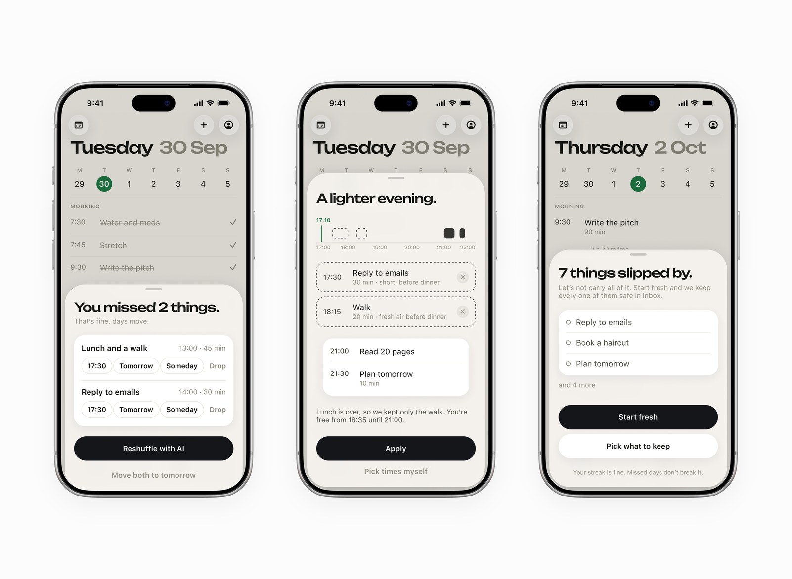 Sheets over the Today screen: missed tasks with move options, a reshuffled evening and a start fresh option