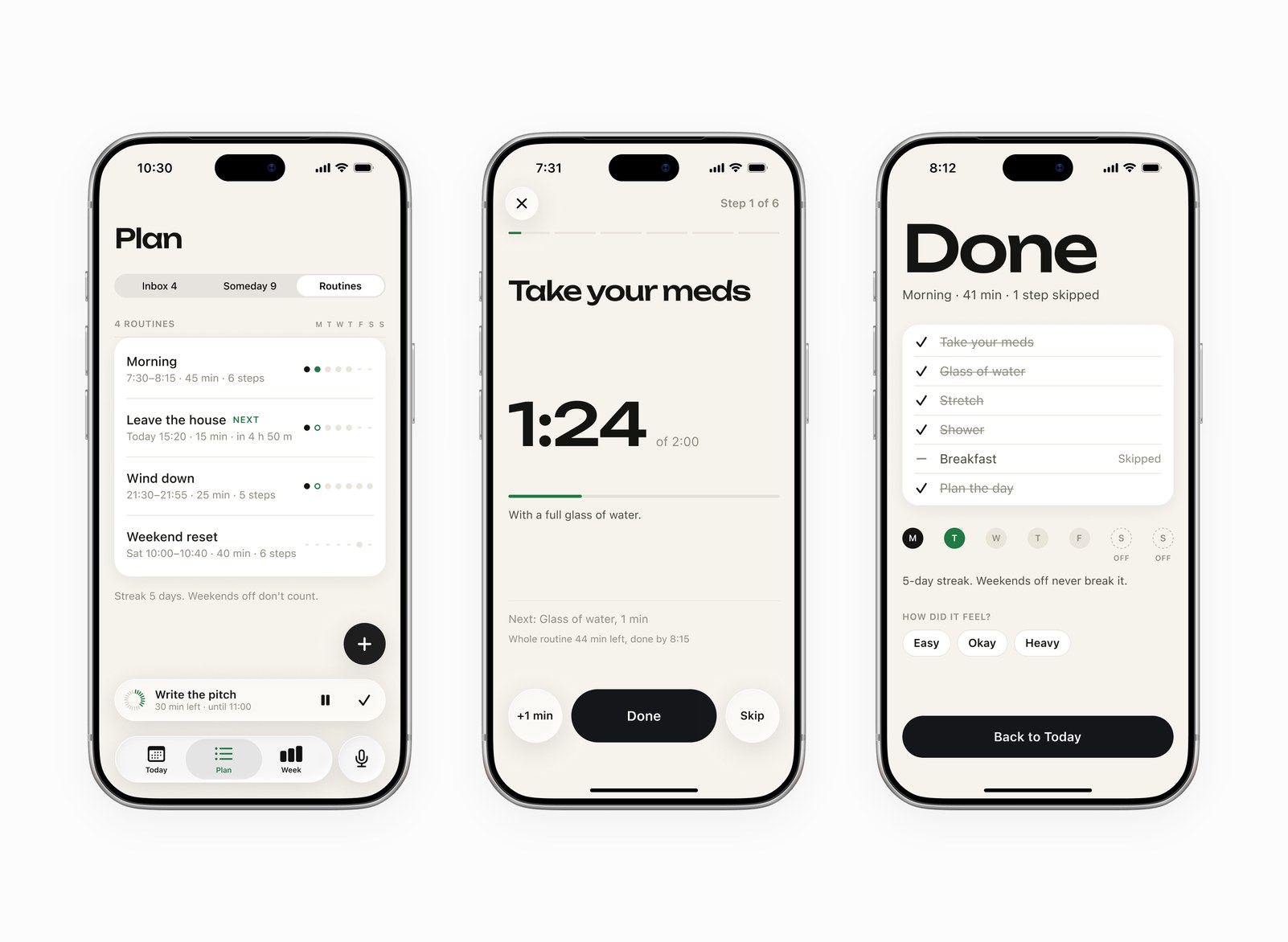 A list of routines, a step player with a 1:24 timer and a completed morning routine