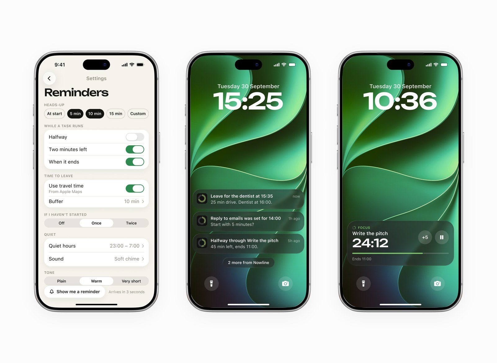 Reminder settings with toggles, lock screen notifications and a focus Live Activity with a 24:12 timer