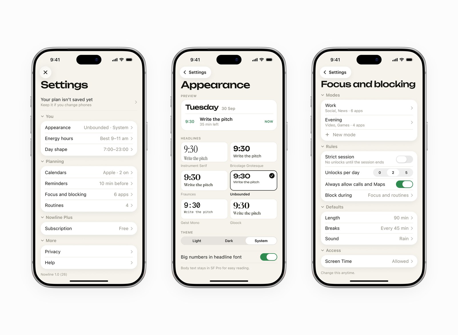 Grouped settings, the appearance screen with typeface tiles, and focus blocking rules
