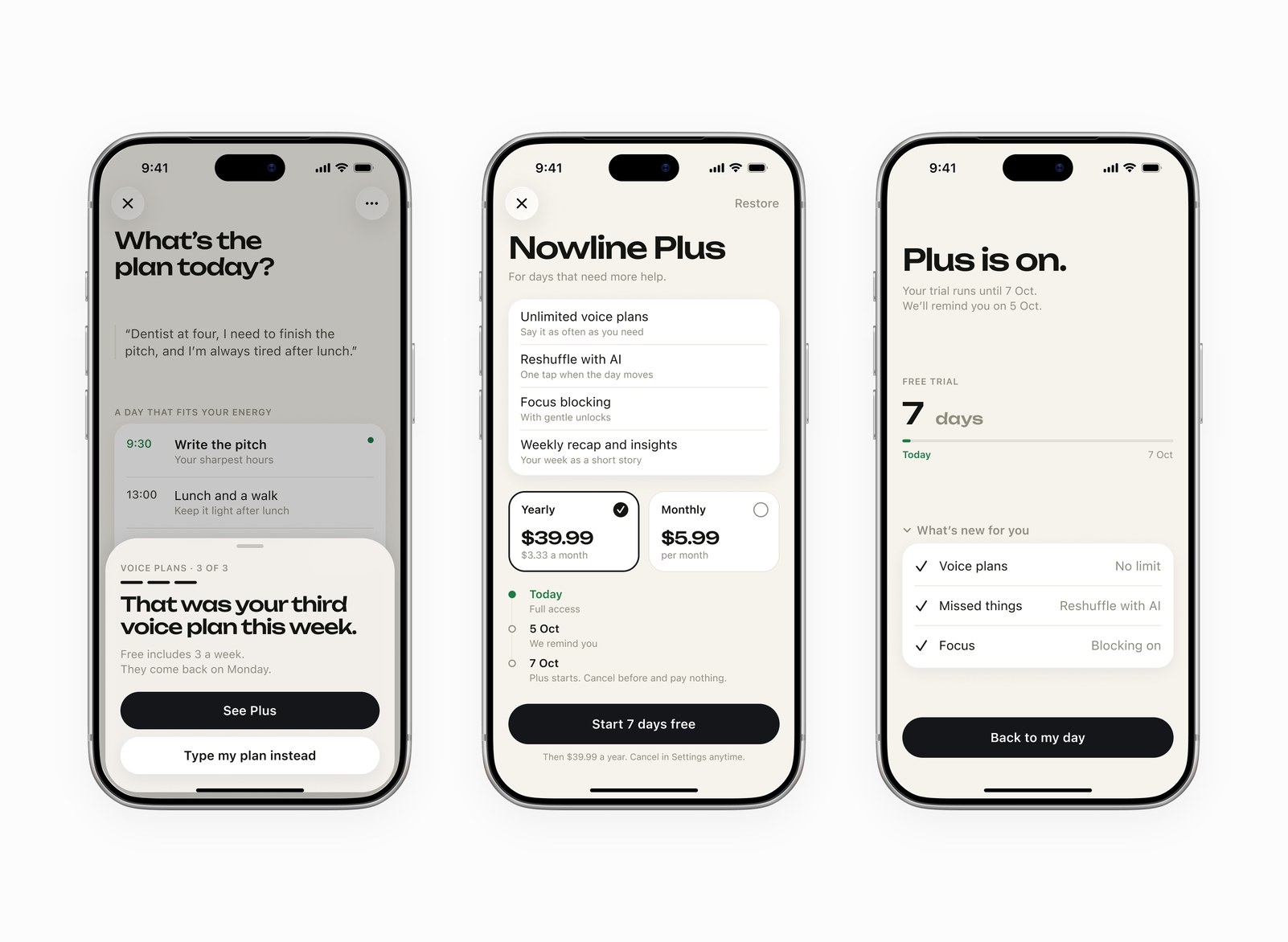 A sheet about the weekly voice plan limit, the Nowline Plus paywall with yearly and monthly plans, and a success screen