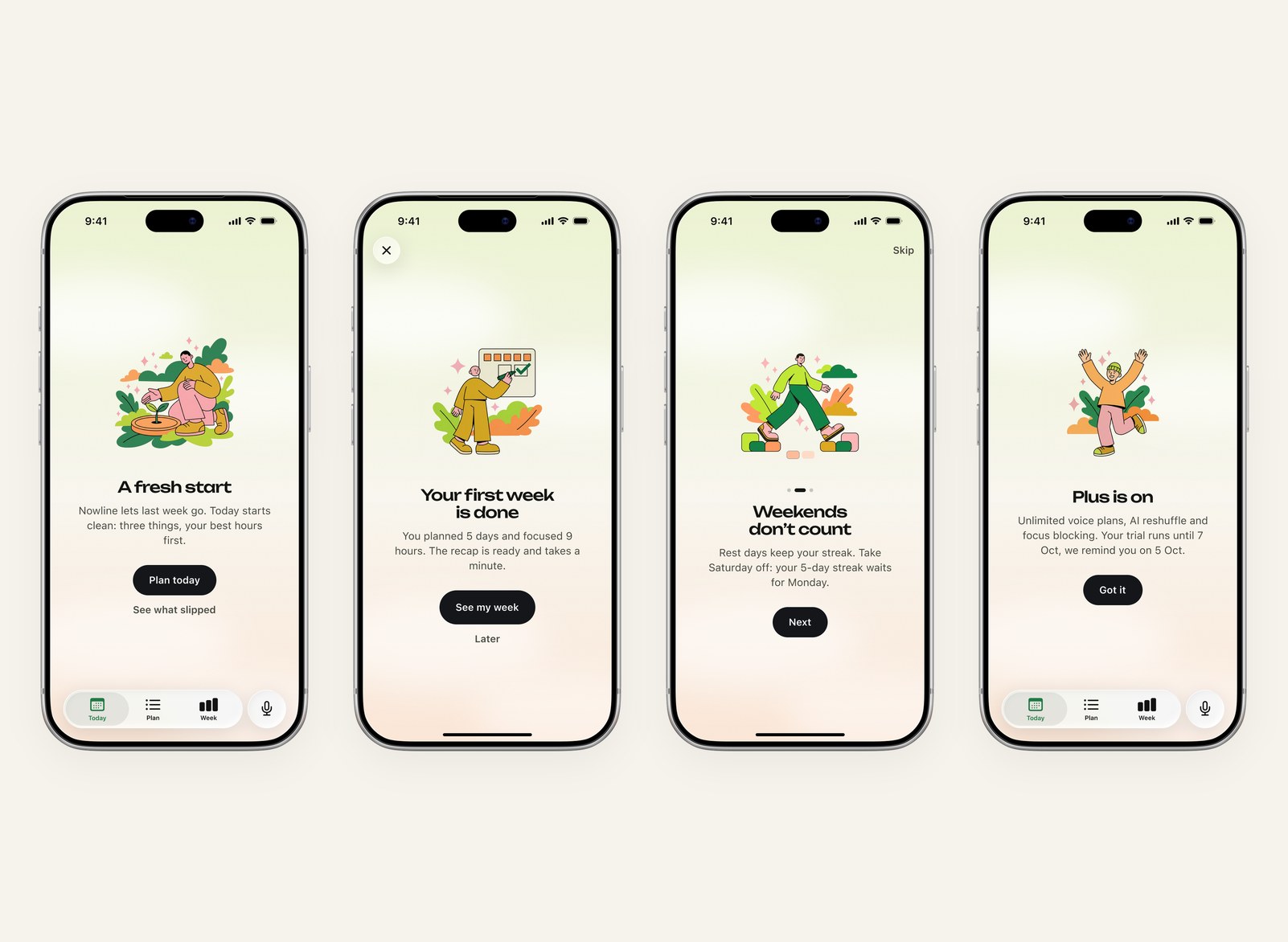 Four full-screen moments with illustrations on a warm gradient