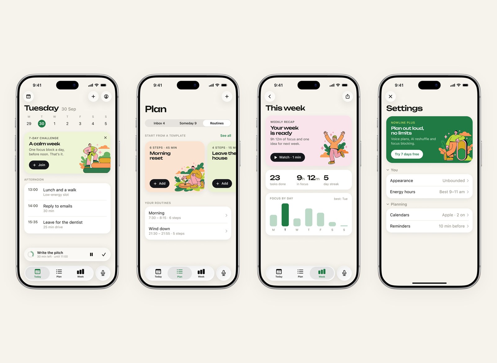 A challenge card on Today, a carousel of routine templates, a weekly recap card and a Plus banner in Settings