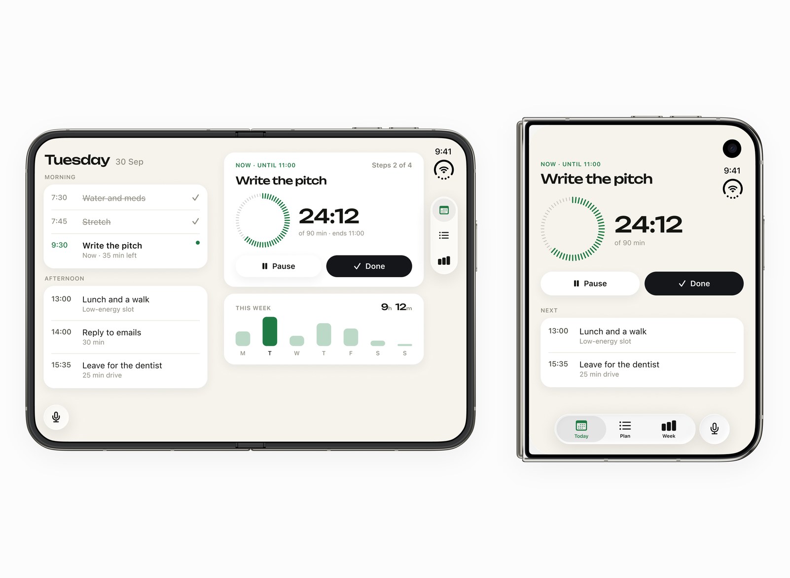 iPhone Duo unfolded with the timeline and the running task side by side, next to the folded cover screen