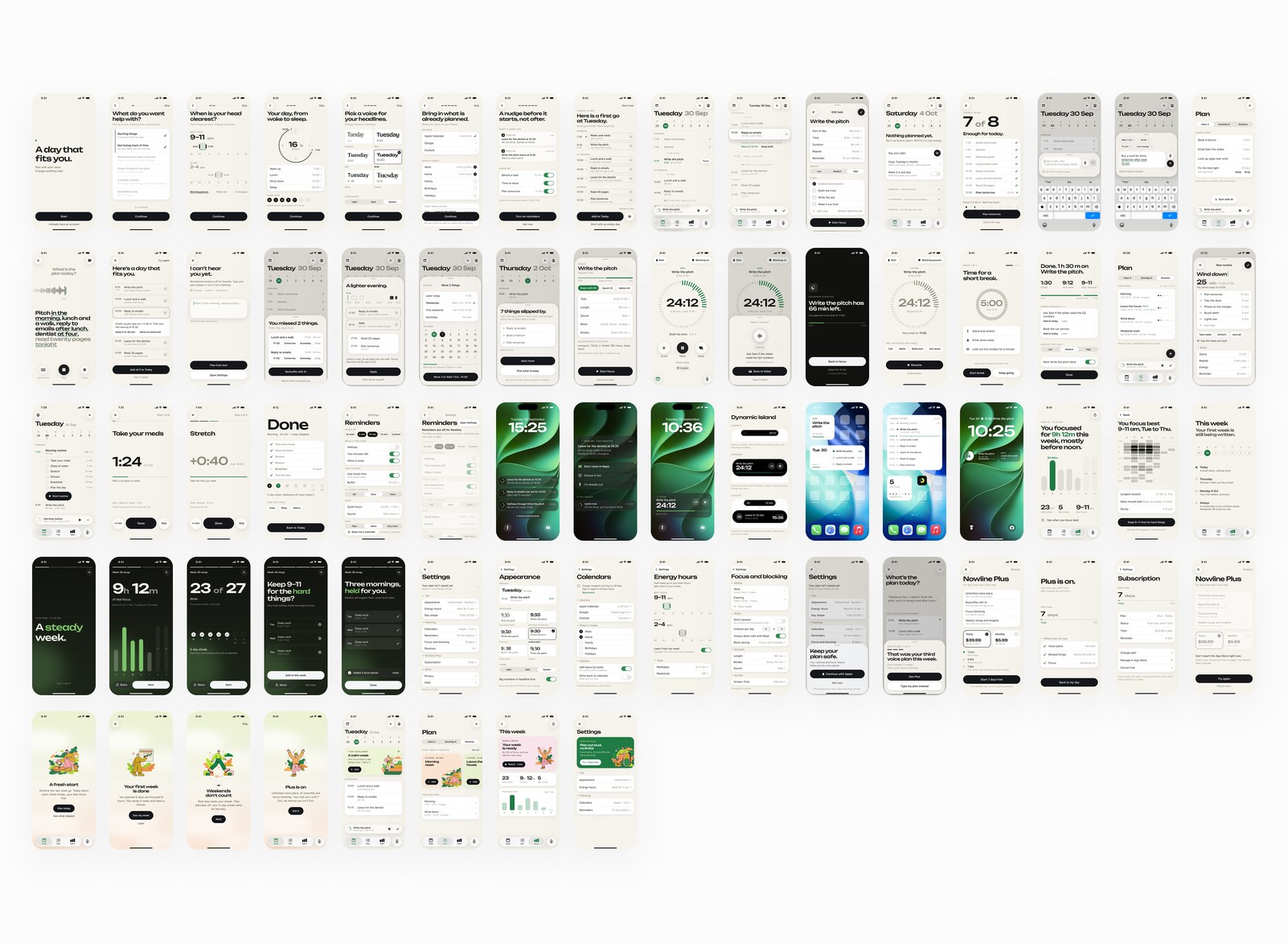 A grid of all Nowline screens